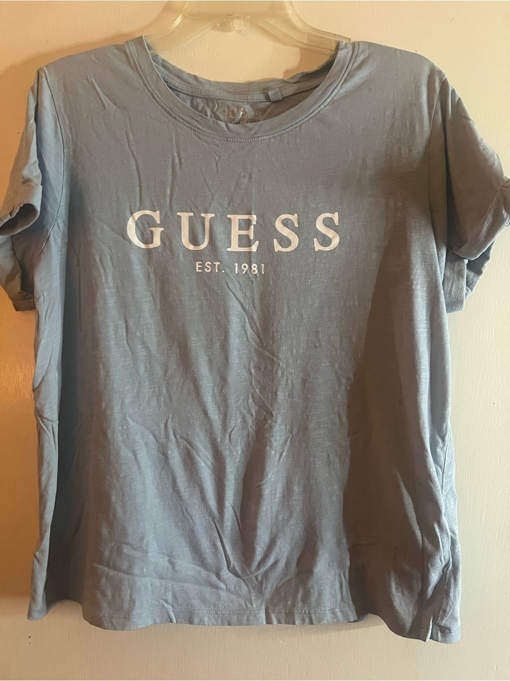 Guess Sky Blue Short Sleeve Logo Tee with White Print